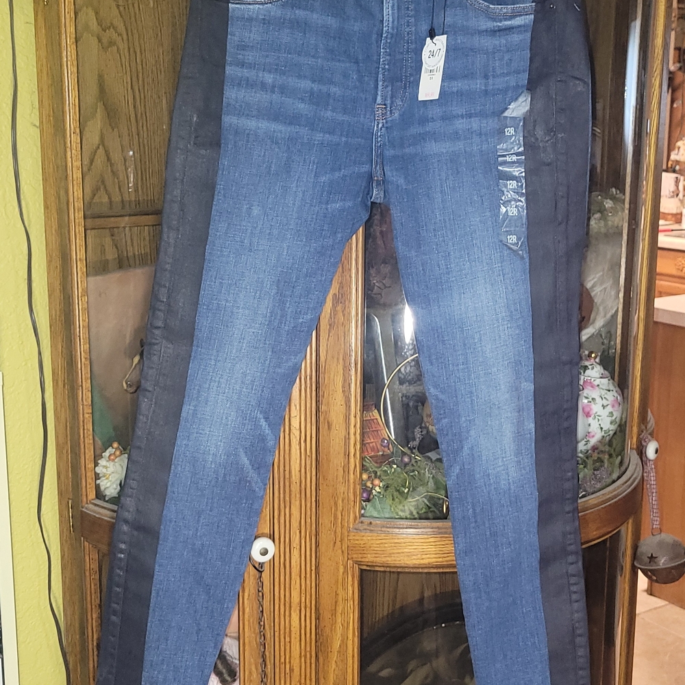 Express Blue With Black Skinny Jeans Ankle Legging High Rise NWT Sz 12